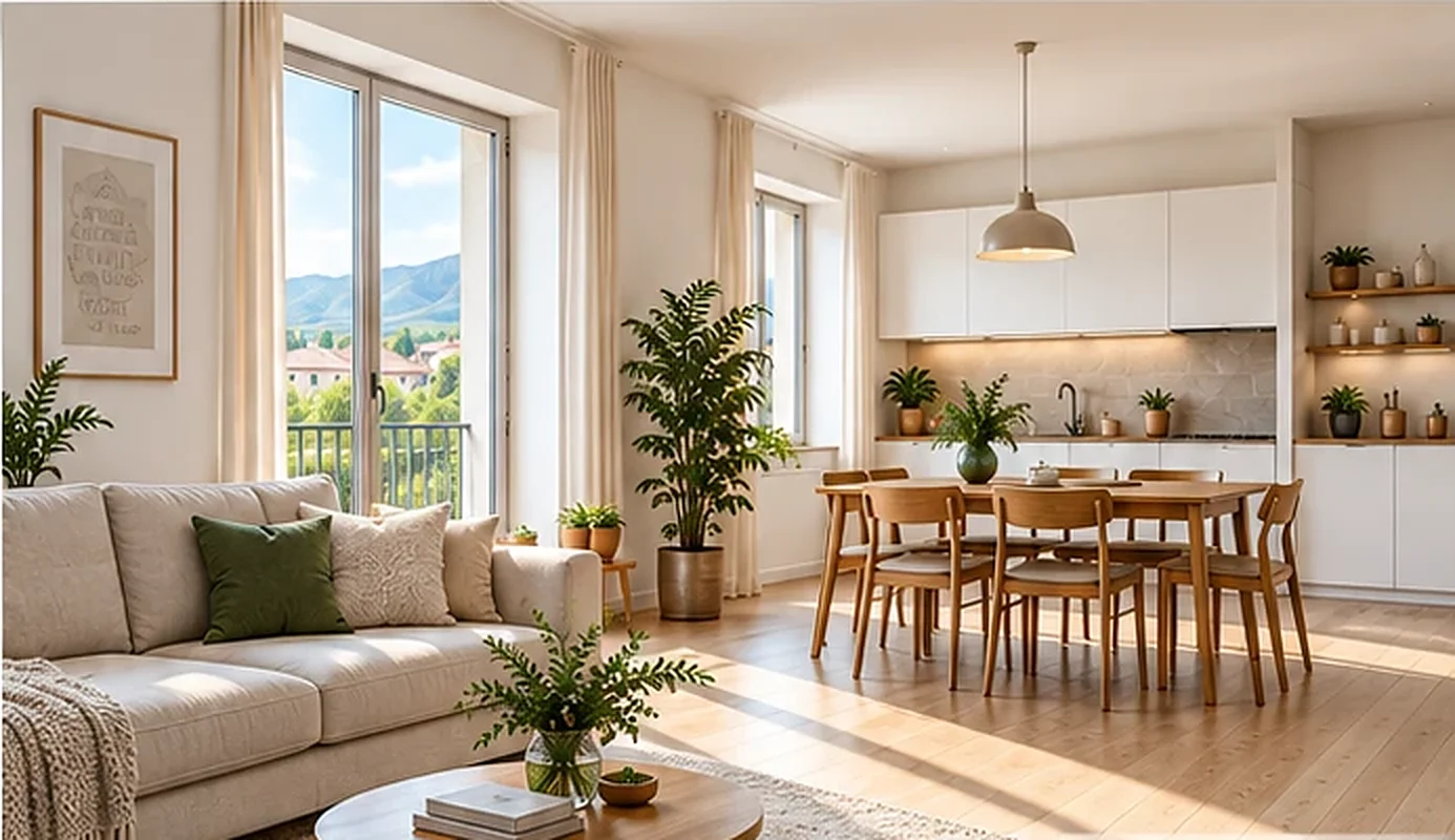 Soggiorno con cucina a vista dopo una ristrutturazione completa